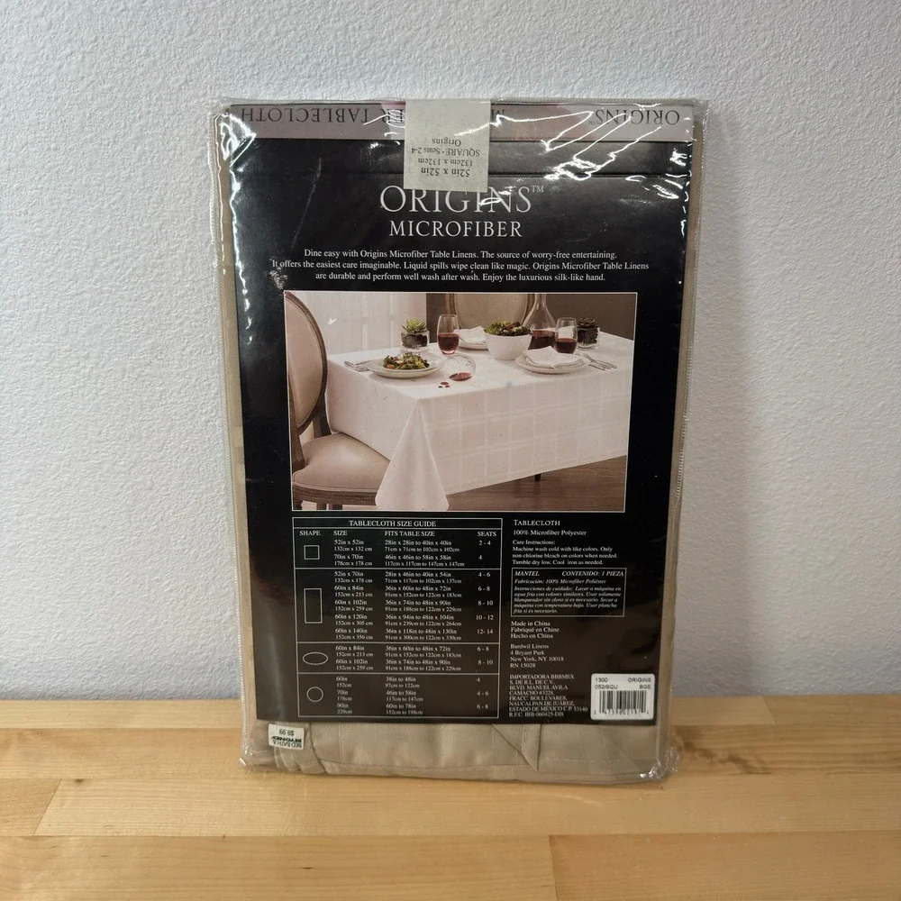 Origins Microfiber Tablecloth Beige Square 52x52 Spill Proof Damask Check NEW